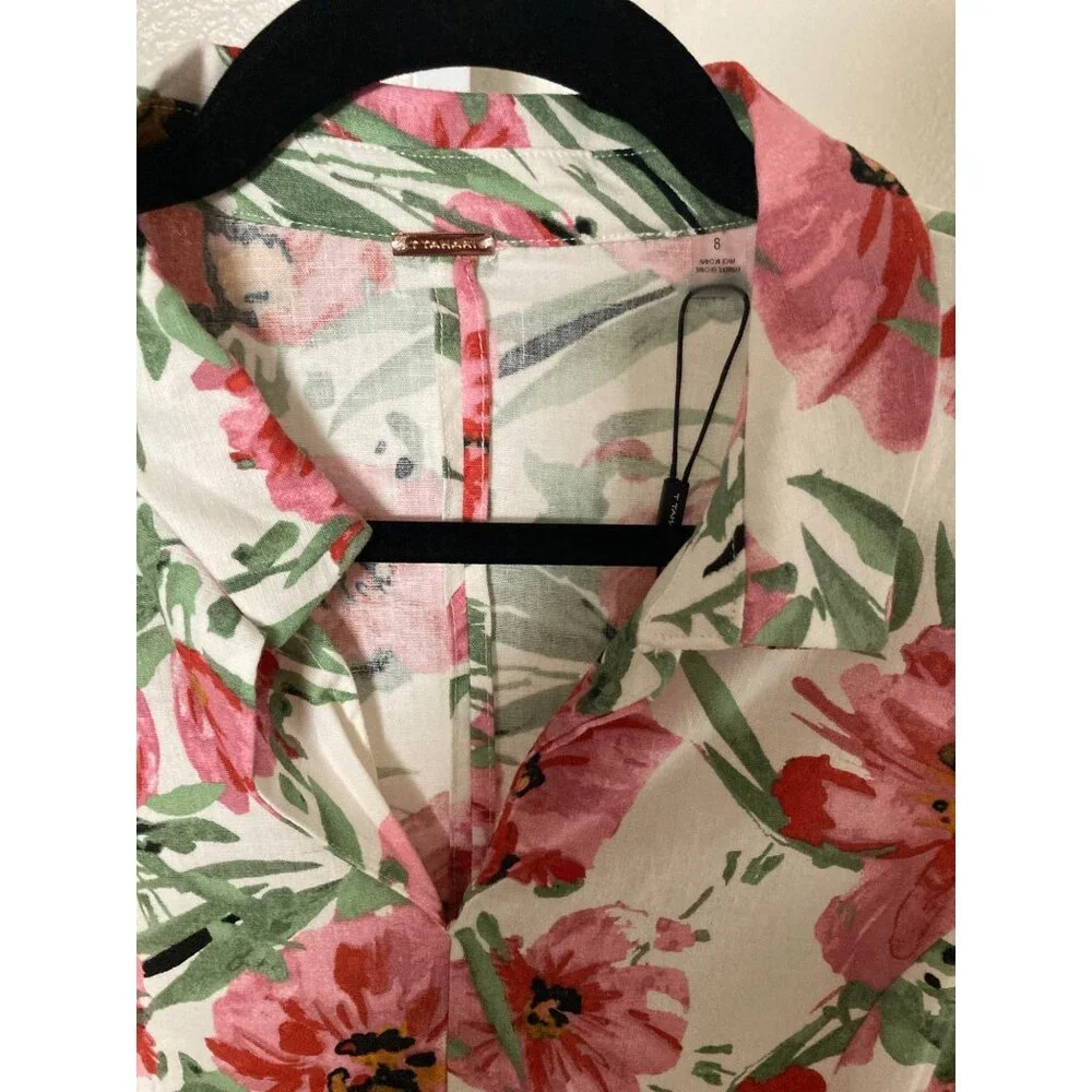 T Tahari  Hibiscus Pink and Green Linen Sleeveless Floral Dress Varies NWT - Picture 2 of 10